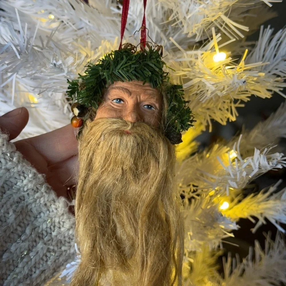 Vintage 1981 Rustic Santa Claus Ornament with Green and Brown Accents